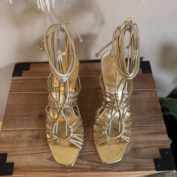 Sam Edelman Lylah Gold Metallic Open Toe Strappy Ankle Wrap High Heels Size 8.5 - Picture 5 of 15